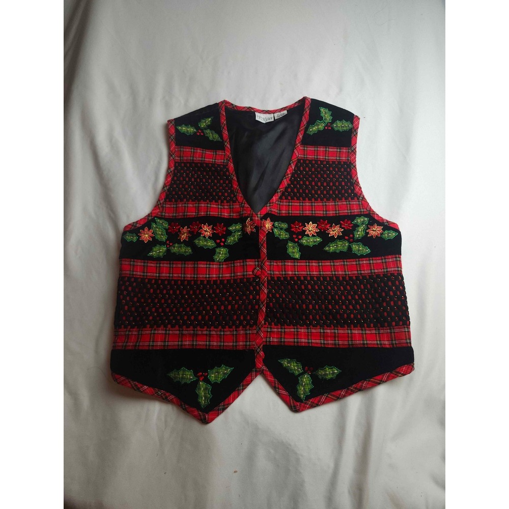 Carolina Colours Christmas Vest Womens Medium Red Plaid Poinsettia Holly Beaded